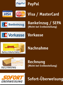 PayPal, Visa, MasterCard, Bankeinzug, SEPA, Vorkasse, Nachnahme, Rechung, Sofort-Überweisung